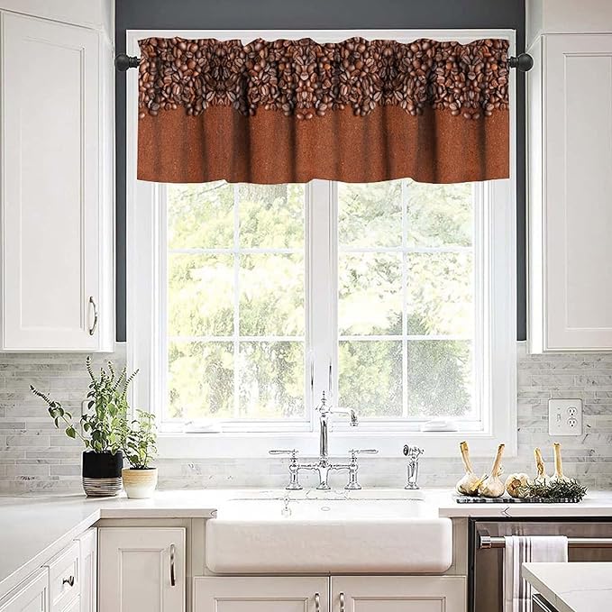 Coffee Kitchen Valance, Brown Coffee Beans Farmhouse Rustic Short Window Curtains for Cafe Kitchen Dining Room Resturant Bedroom Living Room, 54x18Inch