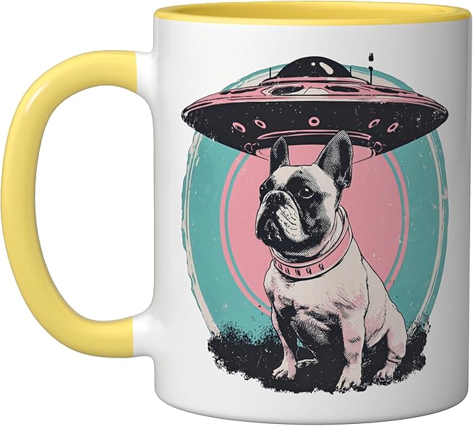 Retro UFO French Bulldog Alien Sci Fi Space Ceramic Mug, Yellow/White