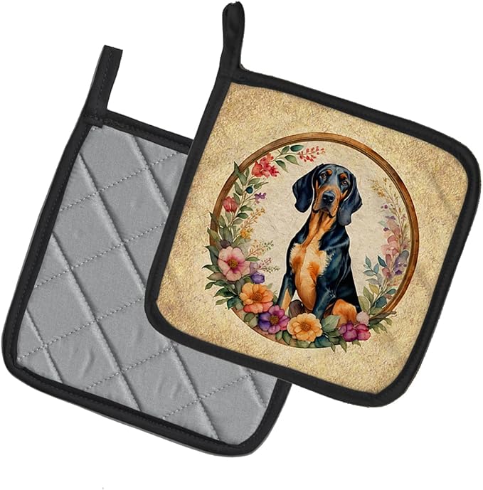 Caroline's Treasures Coonhound and Flowers Pair of Pot Holders Kitchen Heat Resistant Pot Holders Sets Oven Hot Pads for Cooking Baking BBQ, 7 1/2 x 7 1/2