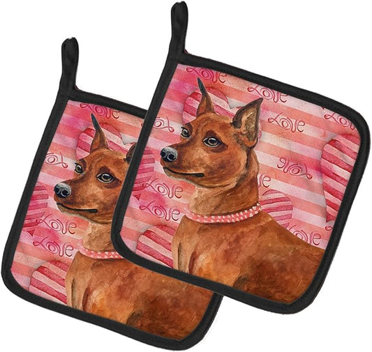 Caroline's Treasures BB9743PTHD Miniature Pinscher Love Pair of Pot Holders, Red Kitchen Heat Resistant Pot Holders Sets Oven Hot Pads for Cooking Baking BBQ, 7 1/2 x 7 1/2