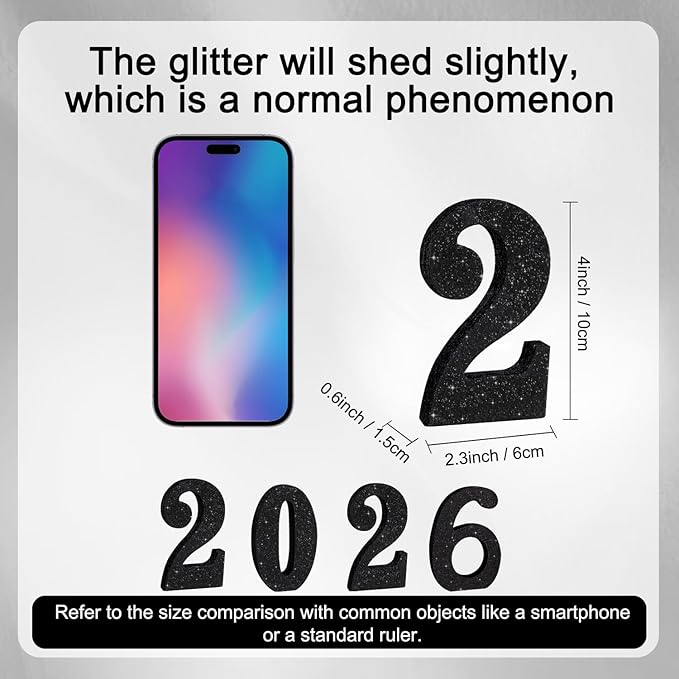 TONIFUL 4 Inch 2026 Black Glitter Table Centerpiece Sign 2026 Number Word Sign,2026 Wooden Numbers Block for New Year Eve,Graduation,Chrismas,Anniversary Party Supplies