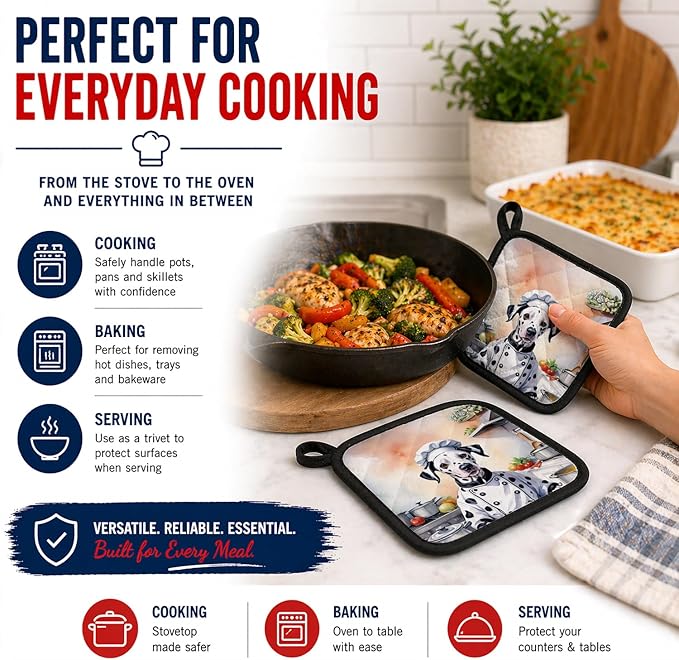 Caroline's Treasures Dalmatian The Chef Pair of Pot Holders Kitchen Heat Resistant Pot Holders Sets Oven Hot Pads for Cooking Baking BBQ, 7 1/2 x 7 1/2