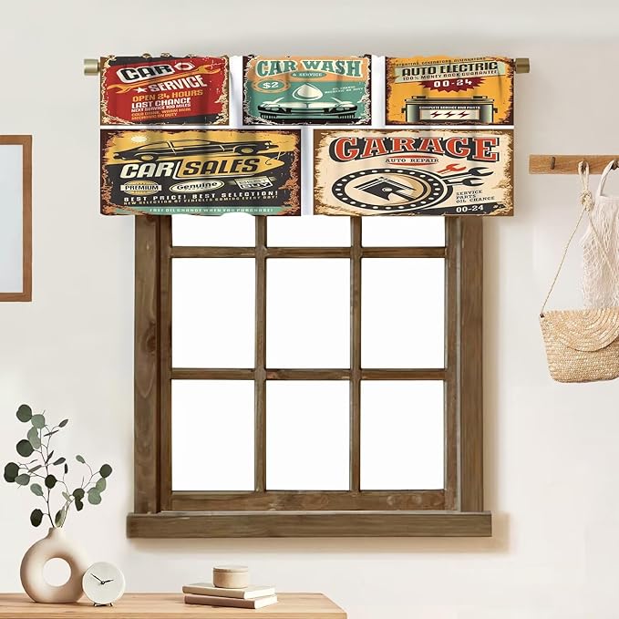 Vintage Valances Curtains Nostalgic Art Auto Service Garage Funk Style Highway Logo Repair Road Grunge Design Windows Short Curtain Valance for Kitchen Bedroom with Rod Pocket, 1 Panel 54X18 Inches