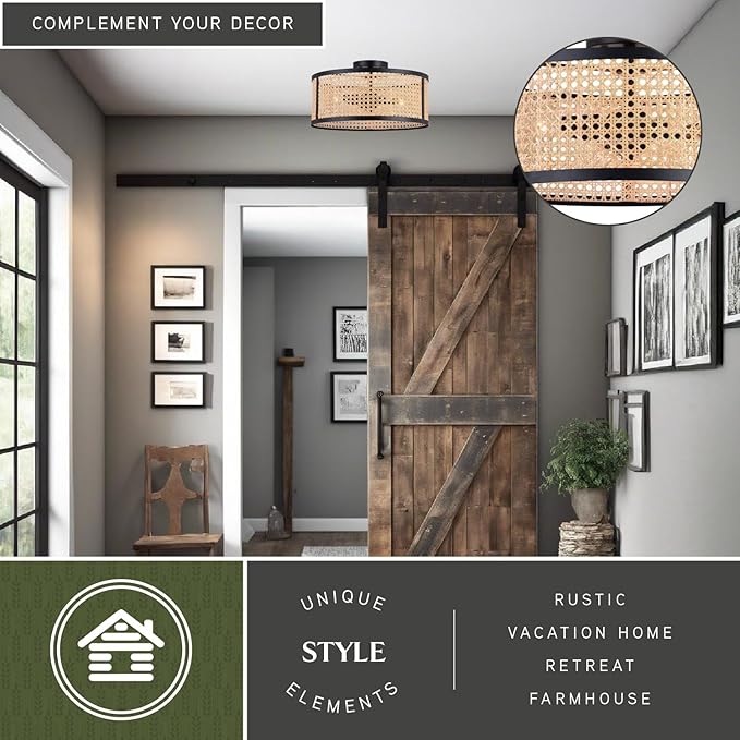 VAXCEL Berens 15.5-in W Matte Black Modern Farmhouse Drum Semi Flush Mount Ceiling Light with Rattan Cane Shade