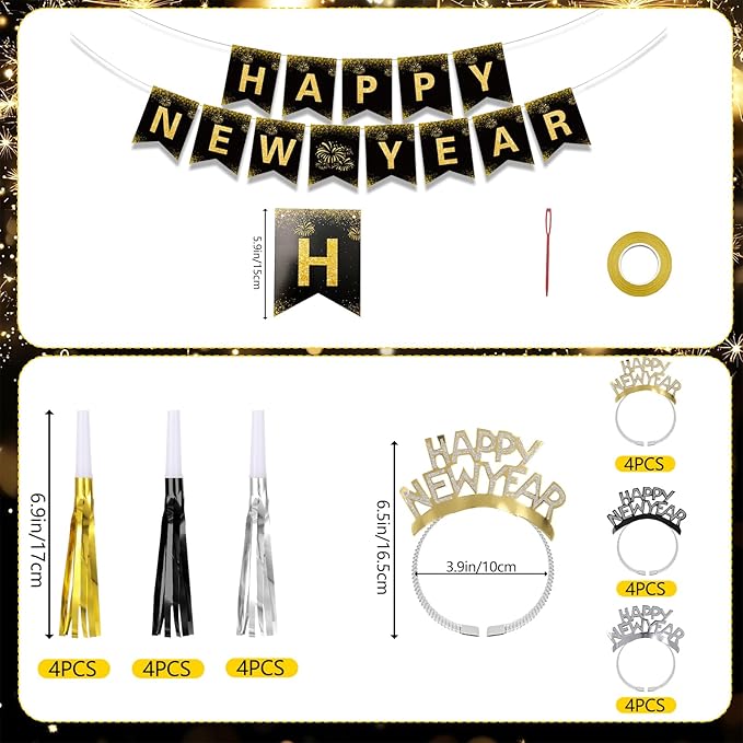 New Years Eve Party Supplies 2026, Black Gold Happy New Years Decorations Set Happy New Year Banner Hats Glasses Blowouts Curtains Latex Balloons 2026 Numbers Balloons for NYE Celebration