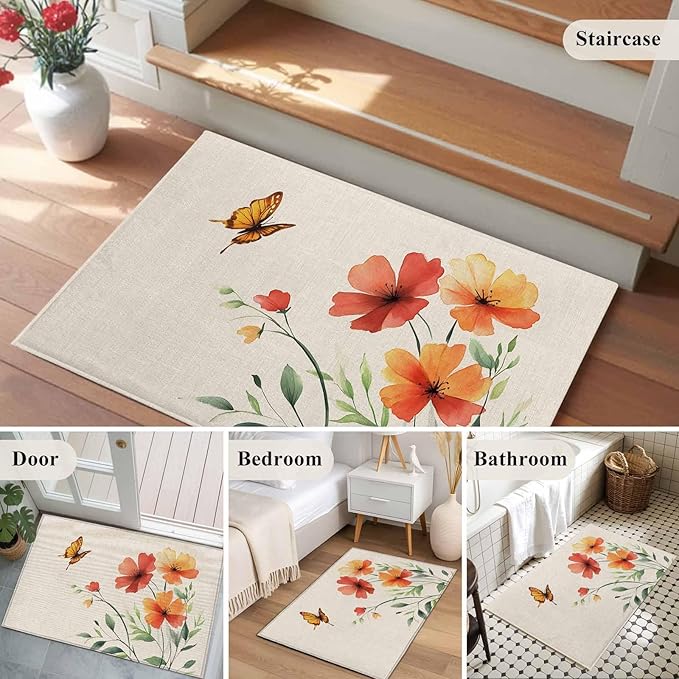 Area Rug 2x3ft, Summer Watercolor Flower Butterfly Washable Rugs for Living Room Bedroom, Green Leaves Retro Linen Soft Non-Slip Area Rugs Rectangle Floor Carpet for Dining Room