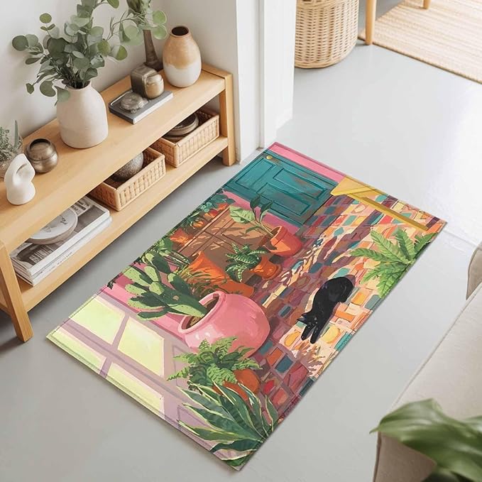 Area Rug 2x3ft, Sleeping Cat Pink Sunlit Room Washable Rugs for Living Room Bedroom, Potted Plants Soft Non-Slip Area Rugs Rectangle Floor Carpet for Dining Room