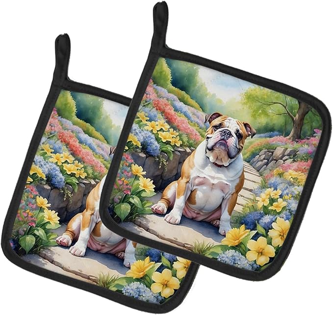 Caroline's Treasures English Bulldog Spring Path Pair of Pot Holders Kitchen Heat Resistant Pot Holders Sets Oven Hot Pads for Cooking Baking BBQ, 7 1/2 x 7 1/2