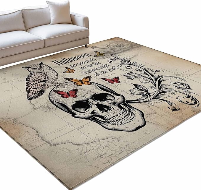 Area Rug 8x10ft, Halloween Skull Owls on Vintage Washable Rugs for Living Room Bedroom, Retro Butterflies Flower Soft Non-Slip Area Rugs Rectangle Floor Carpet for Dining Room
