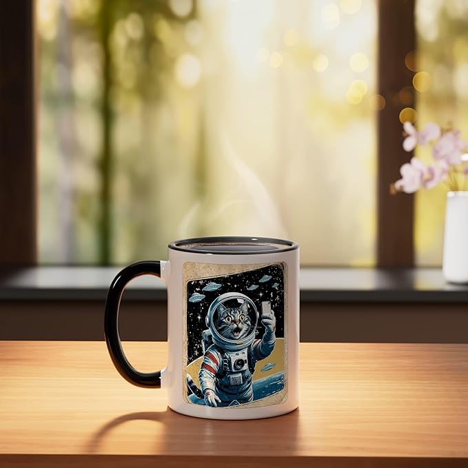 Space Cat Astronaut UFO Funny Sci-fi Alien Selfie Ceramic Mug, Black/White