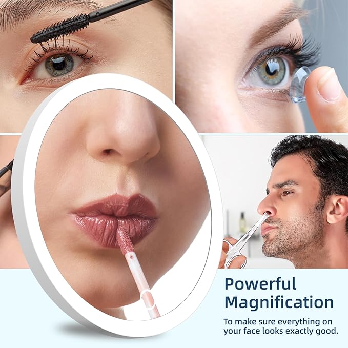 20X Magnifying Mirror with Lights, 20X Magnified Mirror with 3-Color Light Adjustable Brightness, 6inch Travel Magnification with 3 Suction Cups - Includes Tweezers & Scissors Set