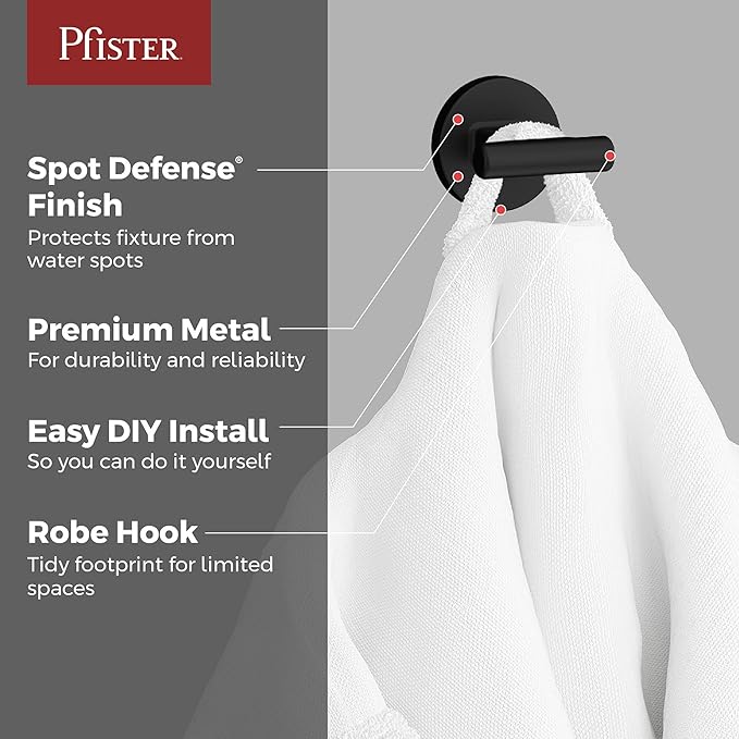 Pfister Capistrano Towel Hook, Bathroom Towel & Robe Hook, Wall-Mounted, Screw-in, Matte Black Finish, BRHCSO0B