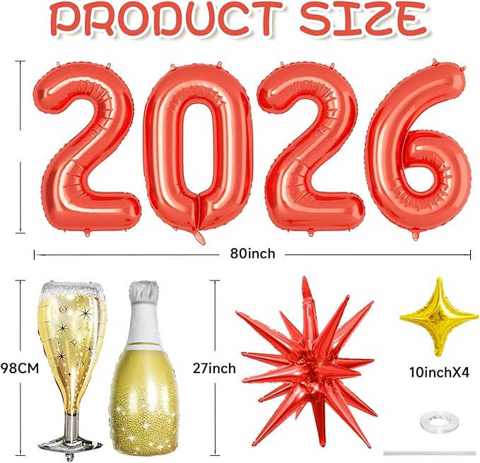 Red 2026 Balloons, 40 Inch Number 2026 Red Foil Balloons, Red and Gold Star Balloon with Champagne Bottle Glass Balloon for Happy New Years Eve Party Supplies 2026 Class of 2026 Graduation Decorations