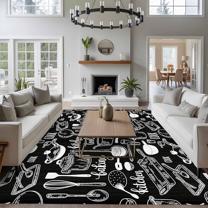 Black Kitchen Tools 6x9 Area Rugs, Modern Cooking Utensil Non-Skid Rubber Backing Large Rectangle Rugs - Living Room Bedroom Home Office, Farmhouse Cookware Indoor Floor Mat Carpets Washable Rug