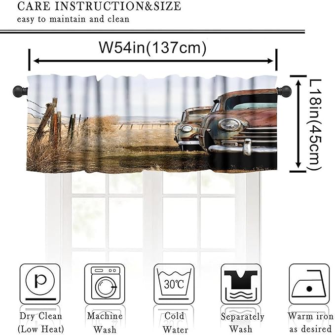 Vintage Car Valance Curtain Classic Abandoned Rusty Wyoming Cars Antique Pictures Old Trucks Countryside Windows Curtain Valance for Kitchen Bedroom Bathroom with Rod Pocket, One Panel 54X18 Inches