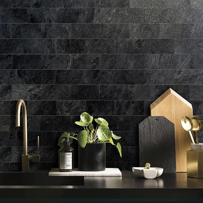 AULIGET 3" x 6" Peel and Stick Backsplash Wall Tiles, PVC Faux Stone Stick on Tiles for Backsplash Kitchen (4, Black Slate)