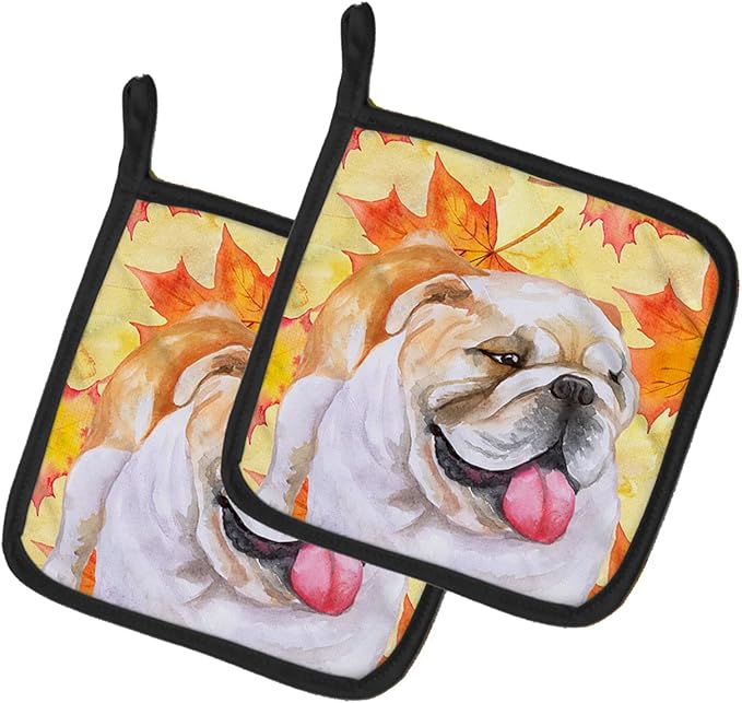 Caroline's Treasures BB9900PTHD English Bulldog Fall Pair of Pot Holders, Yellow Kitchen Heat Resistant Pot Holders Sets Oven Hot Pads for Cooking Baking BBQ, 7 1/2 x 7 1/2