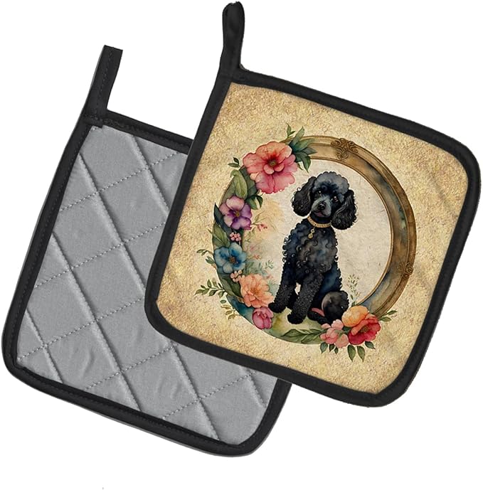 Caroline's Treasures Black Poodle and Flowers Pair of Pot Holders Kitchen Heat Resistant Pot Holders Sets Oven Hot Pads for Cooking Baking BBQ, 7 1/2 x 7 1/2
