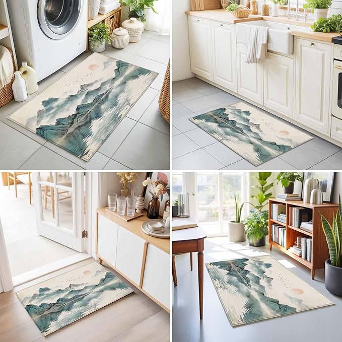 Area Rug 2x3ft, Chinese Zen Landscape Ombre Washable Rugs for Living Room Bedroom, Abstract Mountain Lake Soft Non-Slip Area Rugs Rectangle Floor Carpet for Dining Room