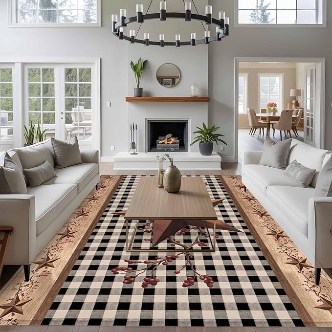 Brown Texas Star Retro 8x10 Area Rugs, Country Star Non-Skid Rubber Backing Large Rectangle Rugs - Living Room Bedroom Home Office, Black White Plaid Wooden Indoor Floor Mat Carpets Washable Rug