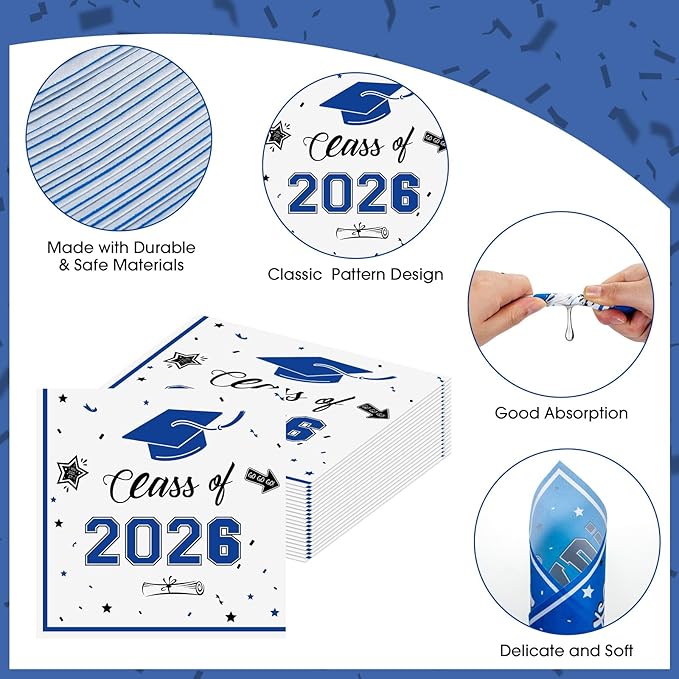 50 Pcs Graduation Napkins Decorations - Blue Class of 2026 Congrats GRAD 3-Ply Paper Cocktail Dinner Napkins Set for 2026 Graduation Party Supplies Table Decor Favors, 6.5 x 6.5 Inch