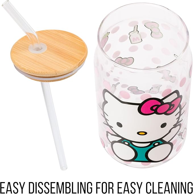 Silver Buffalo Sanrio Hello Kitty Strawberry Milk Bow Pink Polka Dot Glass Jar Tumbler with Bamboo Lid and Glass Straw, 16 Ounces (Pack of 12)