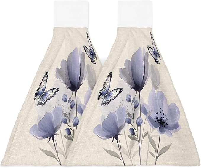 Alandar Home Kitchen Tie Towel Set of 2, Watercolor Purple Flowers Butterfly Absorbent Soft Hand Towels for Bathroom Hanging Towels, Blossom on Vintage Linen Fast Drying Cleaning Cloth with Loop