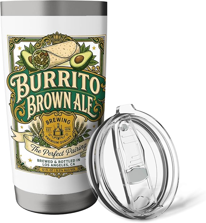 Burrito Brown Ale Mexican Food Retro Funny Beer Label Stainless Steel Insulated Tumbler