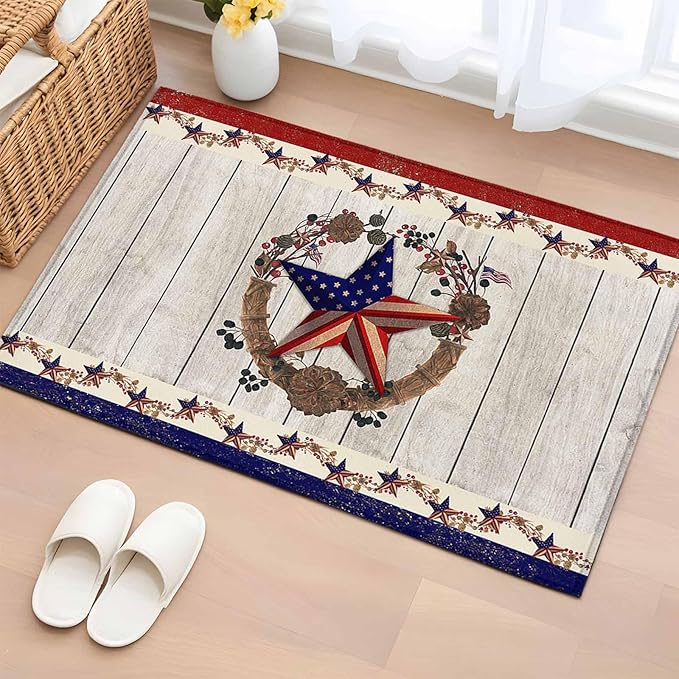 Area Rug 2x3ft, Retro USA Flag Star and Berry Washable Rugs for Living Room Bedroom, Wooden Texture Soft Non-Slip Area Rugs Rectangle Floor Carpet for Dining Room