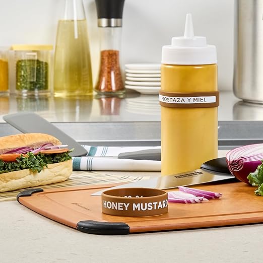 Restaurantware Silicone Squeeze Bottle Band 10 Count 2.75 Inch Dishwasher Safe Condiment Identification Band, Honey Mustard Brown Non-Slip Label Band for Condiment Labeling at Restaurants, Food Trucks