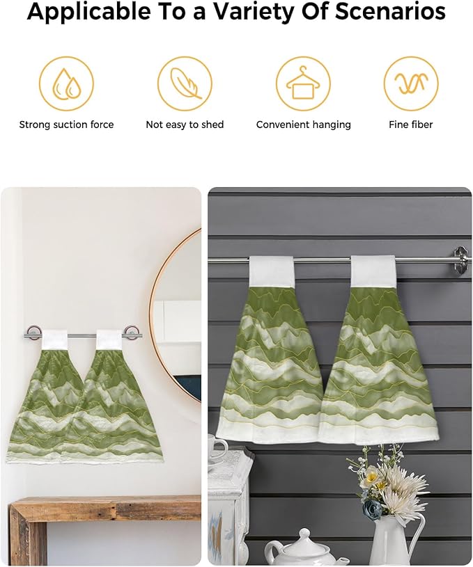Alandar Home Kitchen Tie Towel Set of 2, Sage Green Waves Watercolor Gradients Absorbent Soft Hand Towels for Bathroom Hanging Towels, Abstract Geometric Fast Drying Cleaning Cloth with Loop