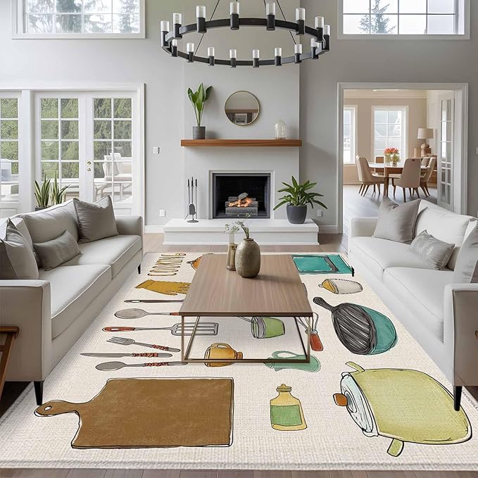 Cooking Kitchenware Kitchen Tool Pattern Rectangle Rugs 5x7ft for Living Room Washable Circle Rug Non-Slip Carpet Soft Mat for Bedroom Dining Room Bathroom Home Holiday Decorations Indoor