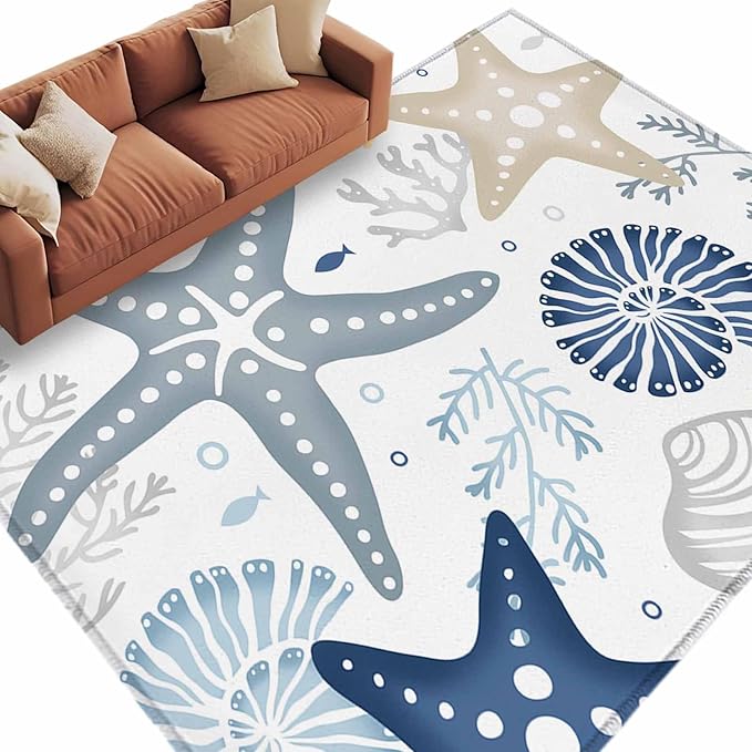 Area Rug 6x9ft, Ocean Starfish Shell Conch Washable Rugs for Living Room Bedroom, Sea Blue Coral Seamless Soft Non-Slip Area Rugs Rectangle Floor Carpet for Dining Room