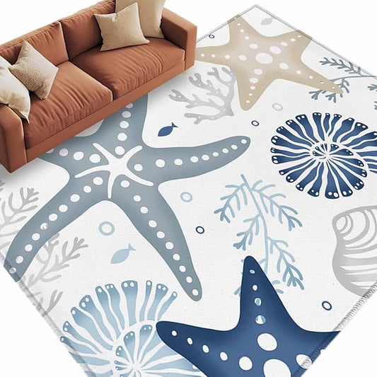 Area Rug 6x9ft, Ocean Starfish Shell Conch Washable Rugs for Living Room Bedroom, Sea Blue Coral Seamless Soft Non-Slip Area Rugs Rectangle Floor Carpet for Dining Room