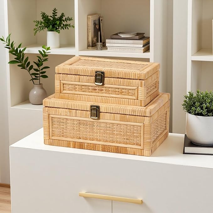 2PCS Rattan Box with Lid Decorative Natural Handmade Boho Baskets Woven Wicker Cane Bins Keepsake Memory Jewelry Boxes Rectangular Desk Shelf Closet Organizer Container (1 Large 1 Small)