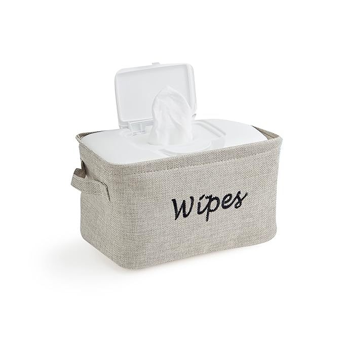Dejaroo - Baskets for Organizing Wipes and Newborn Essentials, Diaper and Wipes Organizer, Embroidered Baby Shower Gifts for Moms, Linen Basket with Handle, 9 x 6 x 5.5 Inches, Grey