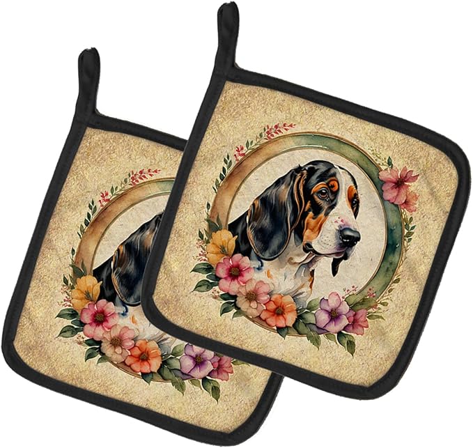 Caroline's Treasures Basset Hound and Flowers Pair of Pot Holders Kitchen Heat Resistant Pot Holders Sets Oven Hot Pads for Cooking Baking BBQ, 7 1/2 x 7 1/2