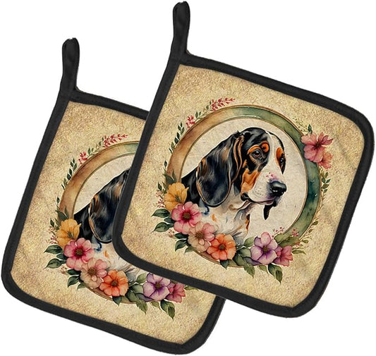 Caroline's Treasures Basset Hound and Flowers Pair of Pot Holders Kitchen Heat Resistant Pot Holders Sets Oven Hot Pads for Cooking Baking BBQ, 7 1/2 x 7 1/2