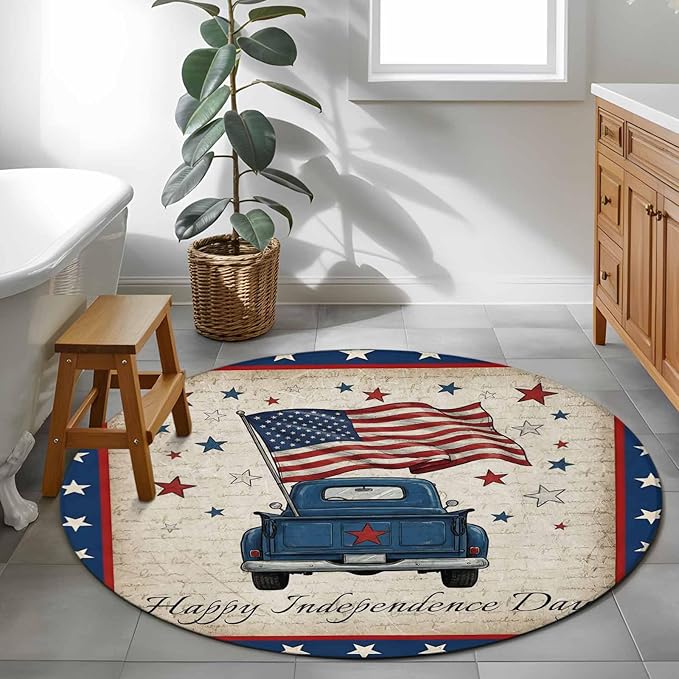 Washable Round Area Rug Happy Independence Day USA Flag Circle Rugs Floor Carpet for Living Room Bedroom, Retro Blue Truck Soft Non Slip Round Rug 4ft