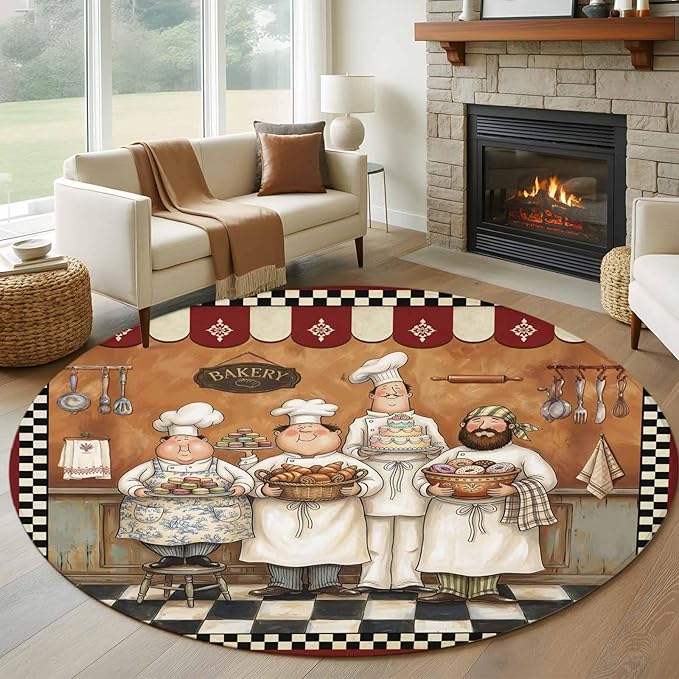 Washable Round Area Rug Farmhouse Cartoon Chef Circle Rugs Floor Carpet for Living Room Bedroom, Cooking Theme Black White Checkered Soft Non Slip Round Rug 5ft