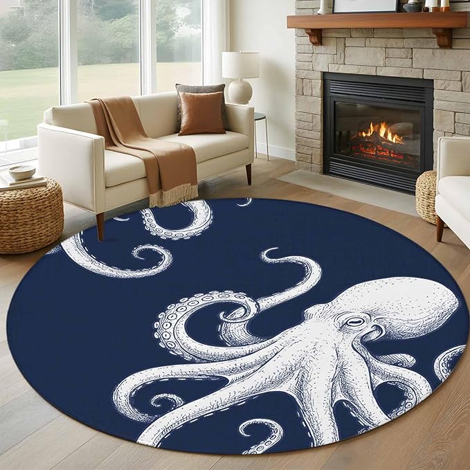 Washable Round Area Rug Underwater Ocean Giant Octopus Circle Rugs Floor Carpet for Living Room Bedroom, Navy Blue White Marine Life Soft Non Slip Round Rug 5ft