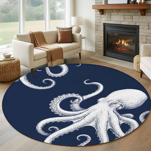Washable Round Area Rug Underwater Ocean Giant Octopus Circle Rugs Floor Carpet for Living Room Bedroom, Navy Blue White Marine Life Soft Non Slip Round Rug 5ft