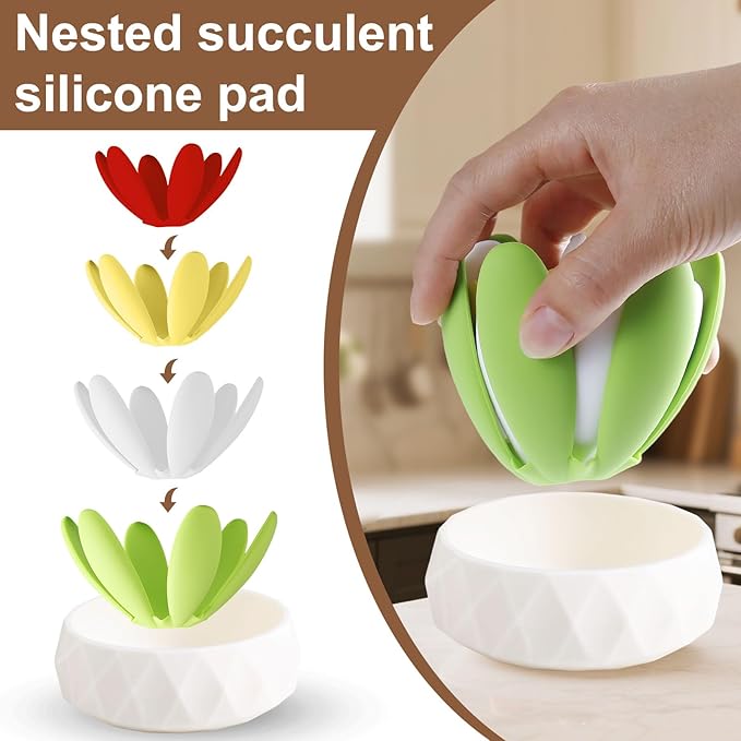 Silicone Succulent Cup Coasters Set of 4, Colorful Trivet Mats, Hot Pads for Pots Pans, Foldable Heat Resistant Coasters with Holder, Multipurpose Kitchen Table Protection (Green Yellow White Red)