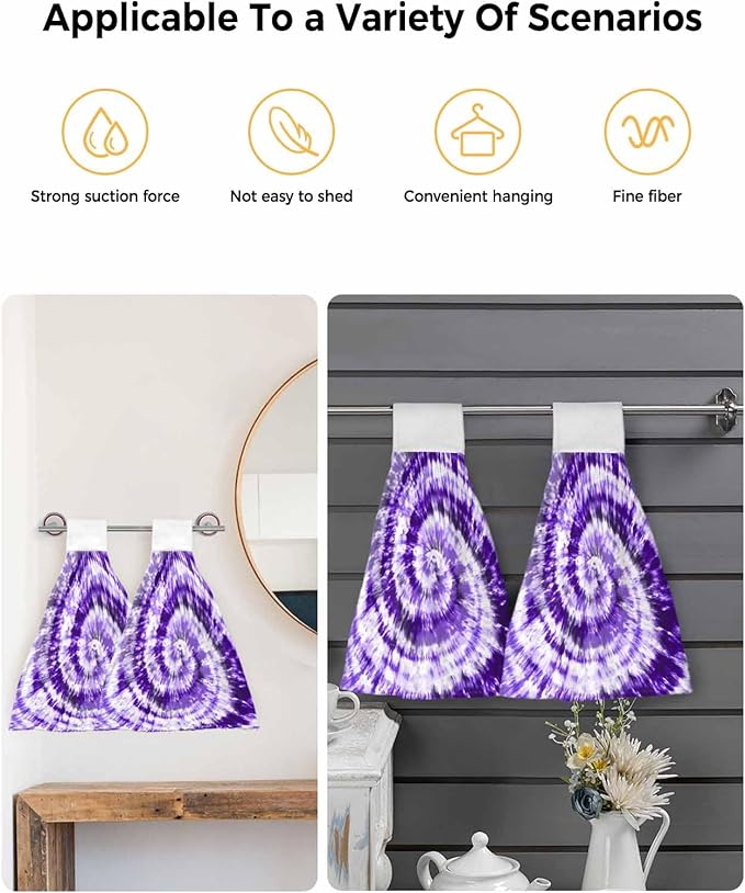 Alandar Home Kitchen Tie Towel Set of 2, Purple White Spiral Tie Dye Art Absorbent Soft Hand Towels for Bathroom Hanging Towels, Ethnic Hippie Pattern Fast Drying Cleaning Cloth with Loop