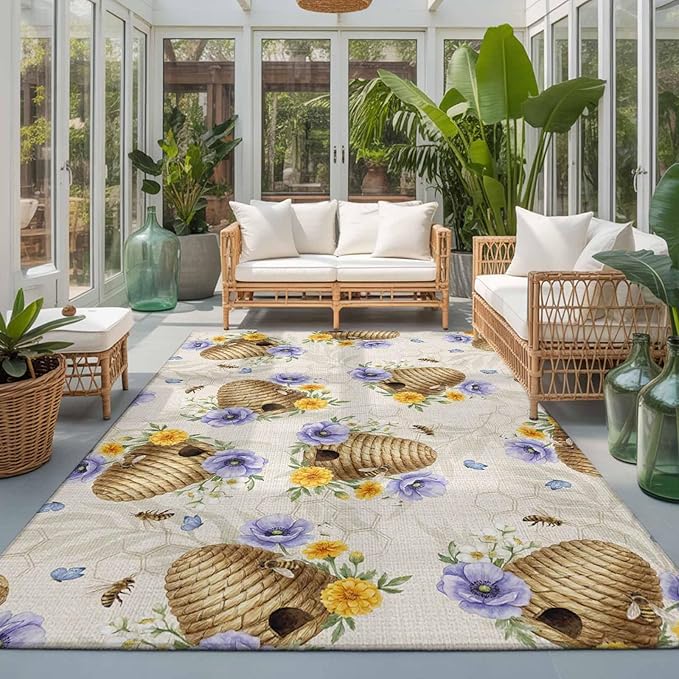 Area Rug 3x5ft, Garden Beehives Honeybees Washable Rugs for Living Room Bedroom, Country Purple Floral Soft Non-Slip Area Rugs Rectangle Floor Carpet for Dining Room