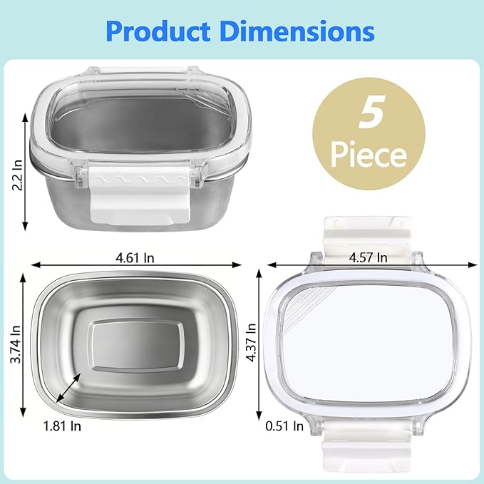 Stainless Steel Small Container with Lid - 5 Piece 8.5oz Reusable Stainless Steel Snack Containers, Leakproof Freezer Safe Metal Bento Box Fit for Portioning Snacks, Dips, and Condiments