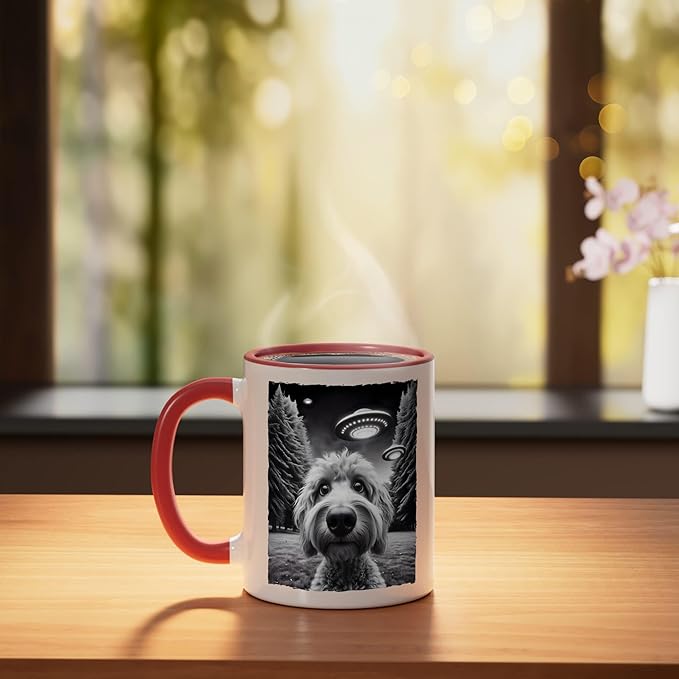 Funny Golden Doodle Selfie UFO Encounters for Dog Lovers Ceramic Mug, Red/White