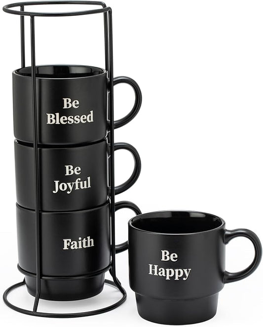 Signature Housewares Stackable Coffee Mug Tower Set with Metal Wire Rack - 15 Ounce Coffee Mugs for Coffee, Tea, Cocoa, Milk, Cappuccino, Hot Chocolate Set of 4 - Be Happy Matte Black