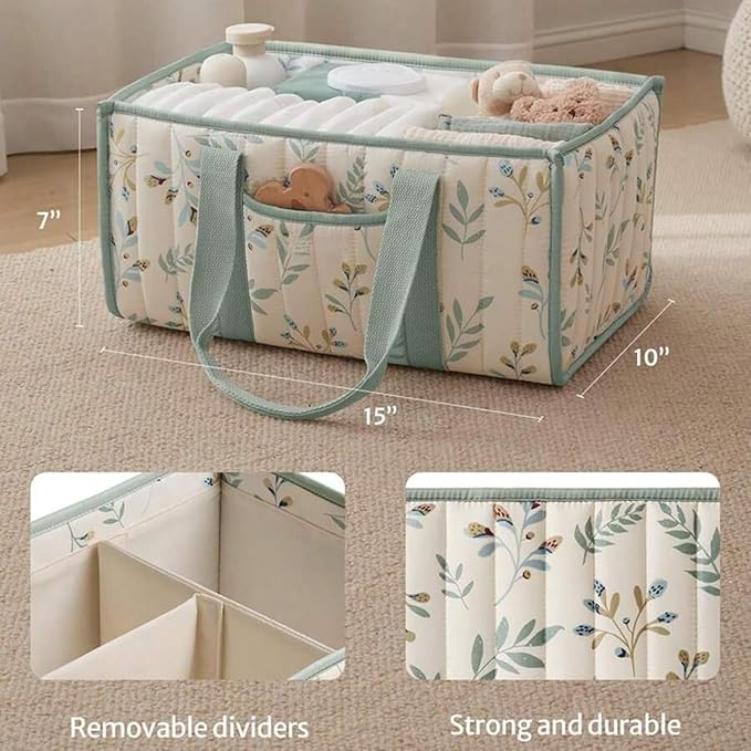 Quilted Fabric Storage Basket Floral Baby Diaper Caddy Quilted Basket for Nursery Bedroom Car Storage (L- Light Green)
