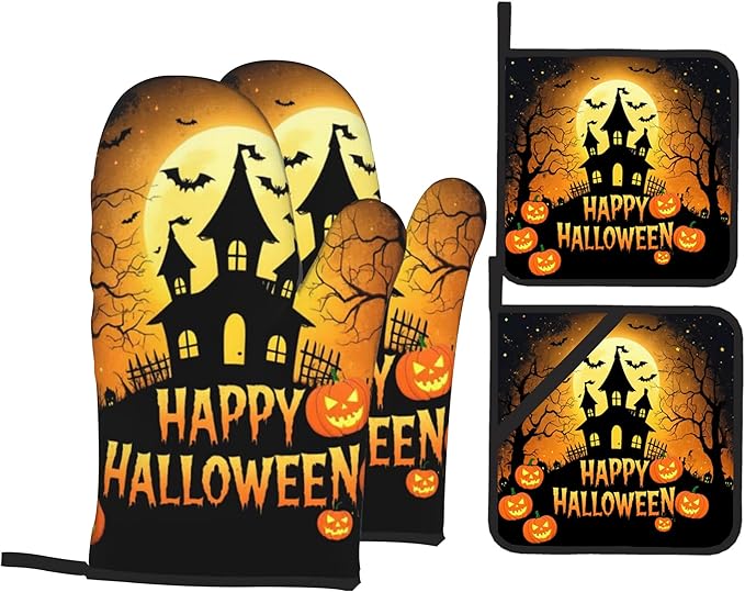 Happy Halloween Oven Mitts with Matching Potholders - Heat Resistant Kitchen Accessories for Baking, Grilling, Cooking, Gifts for Women